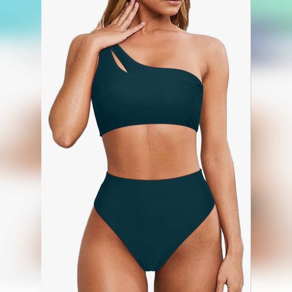 Cutout One Shoulder High Waisted‎ Bikini High Cut Two Piece Sz L blue NWOT